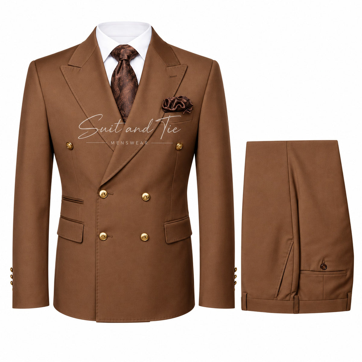 A men's brown double-breasted suit set consisting of a blazer and matching trousers, styled with a white dress shirt, a brown paisley tie, and a matching pocket square. The blazer features gold-tone buttons and a 'Suit and Tie' watermark across the chest.