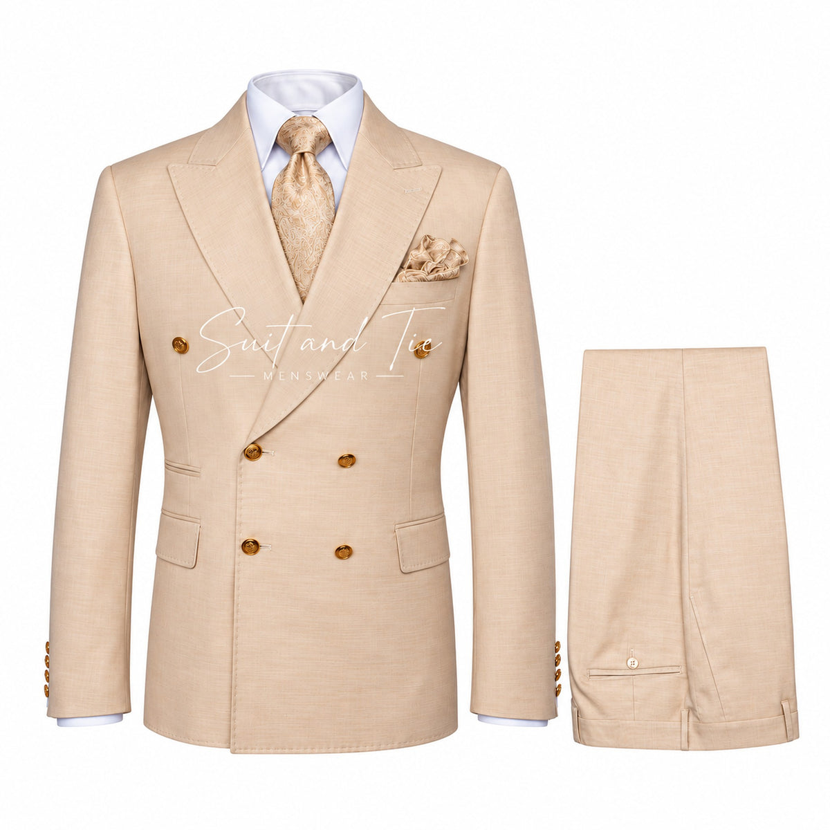 A beige double-breasted suit set consisting of a suit jacket with a white shirt, gold tie, and pocket square, and matching trousers shown separately on a white background.