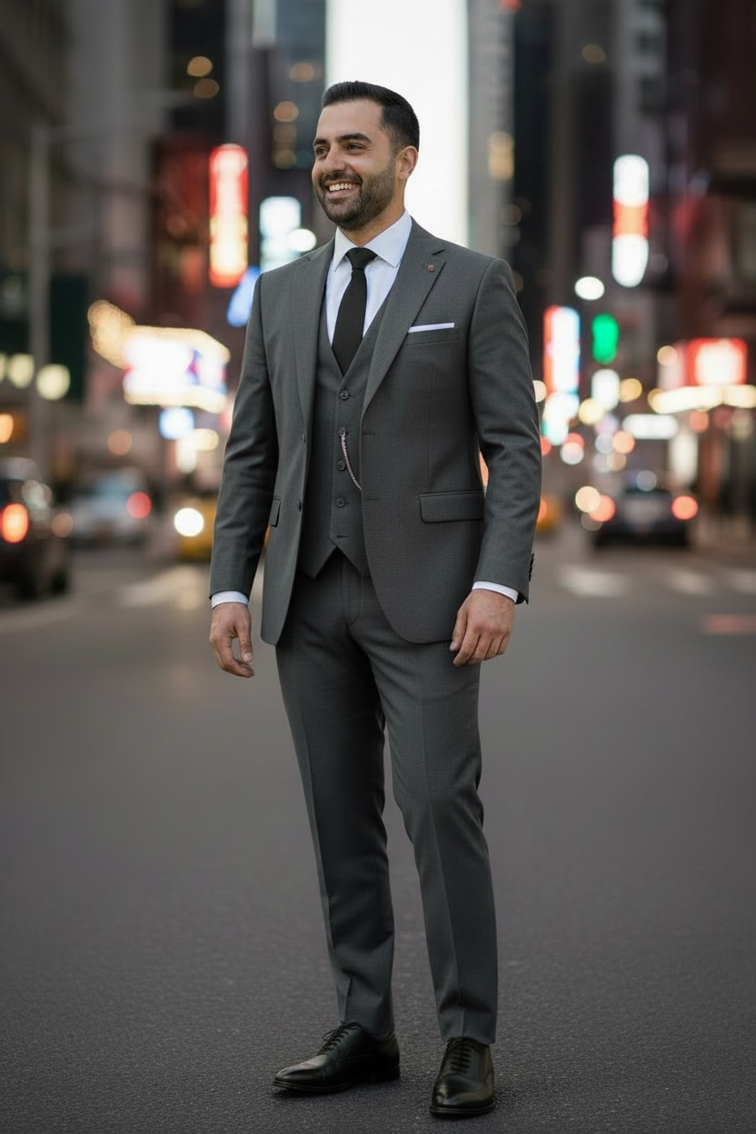 Man in a charcoal suit standing on a city street at night.
