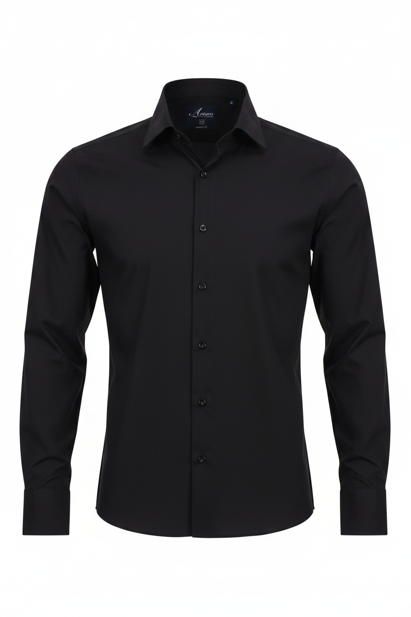 A black long-sleeve button-down dress shirt with a pointed collar, shown on a clean white background.