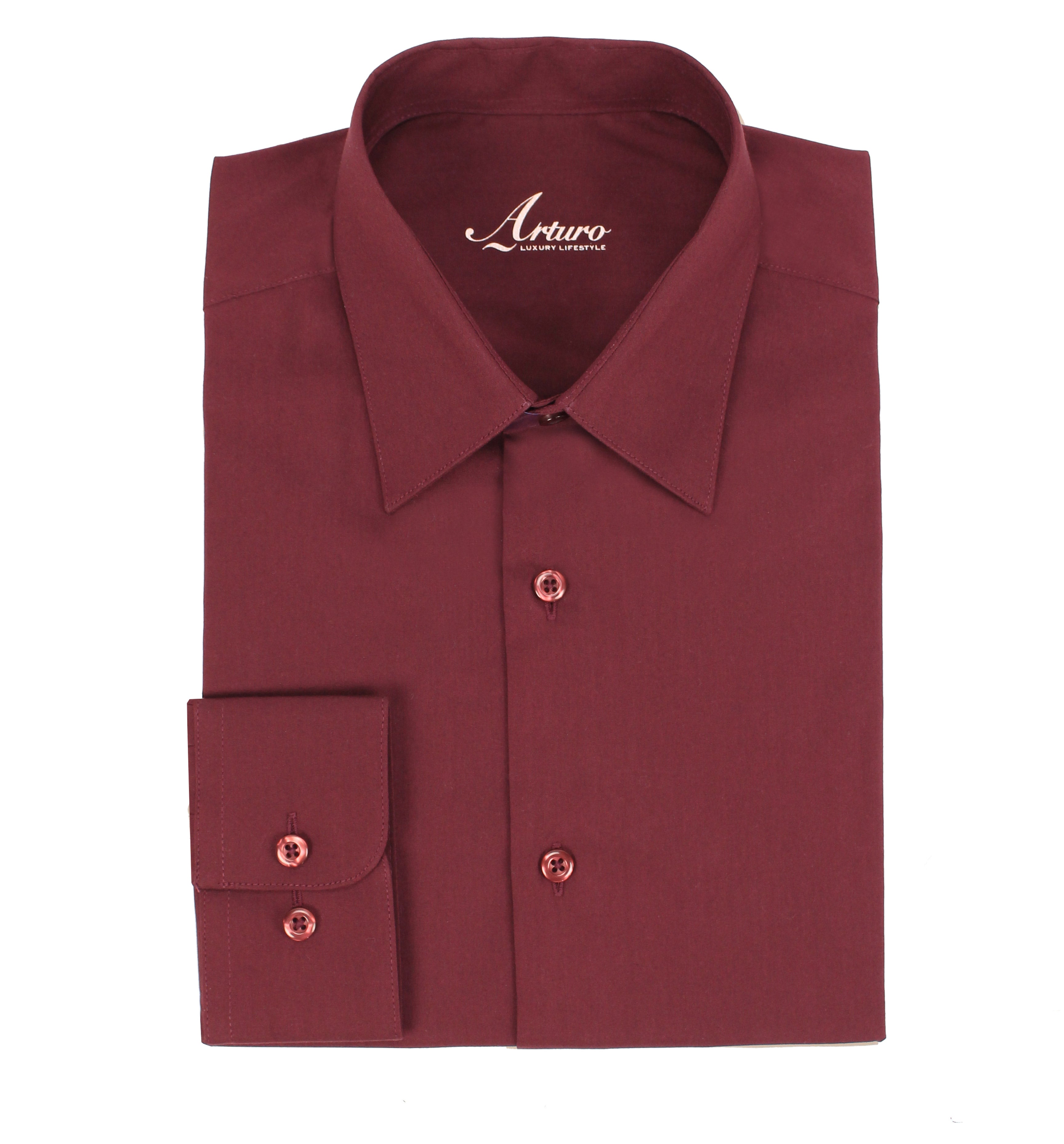 A folded long-sleeve dress shirt in a deep burgundy color, featuring a pointed collar, button-down front, and a single-button cuff. The brand name 'Arturo' is printed inside the collar.