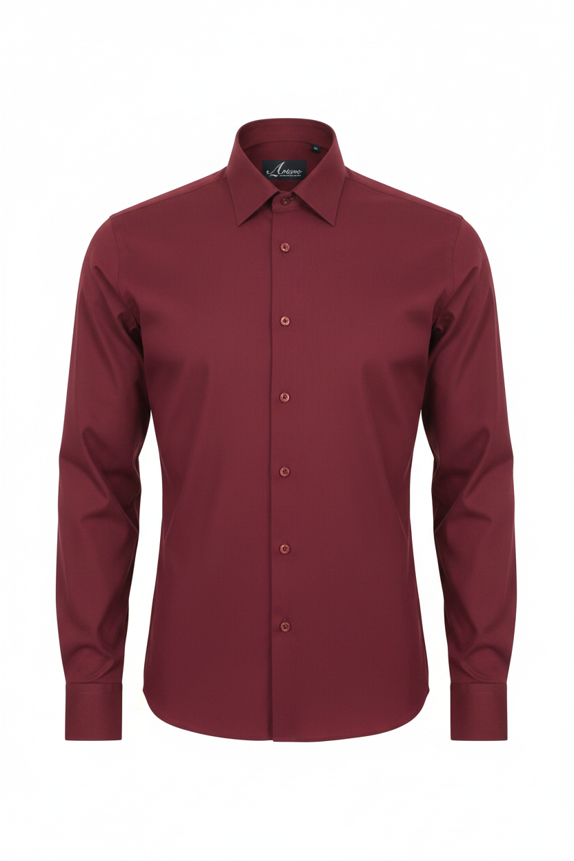 A long-sleeve button-down dress shirt in a deep burgundy red, shown on a clean white background.