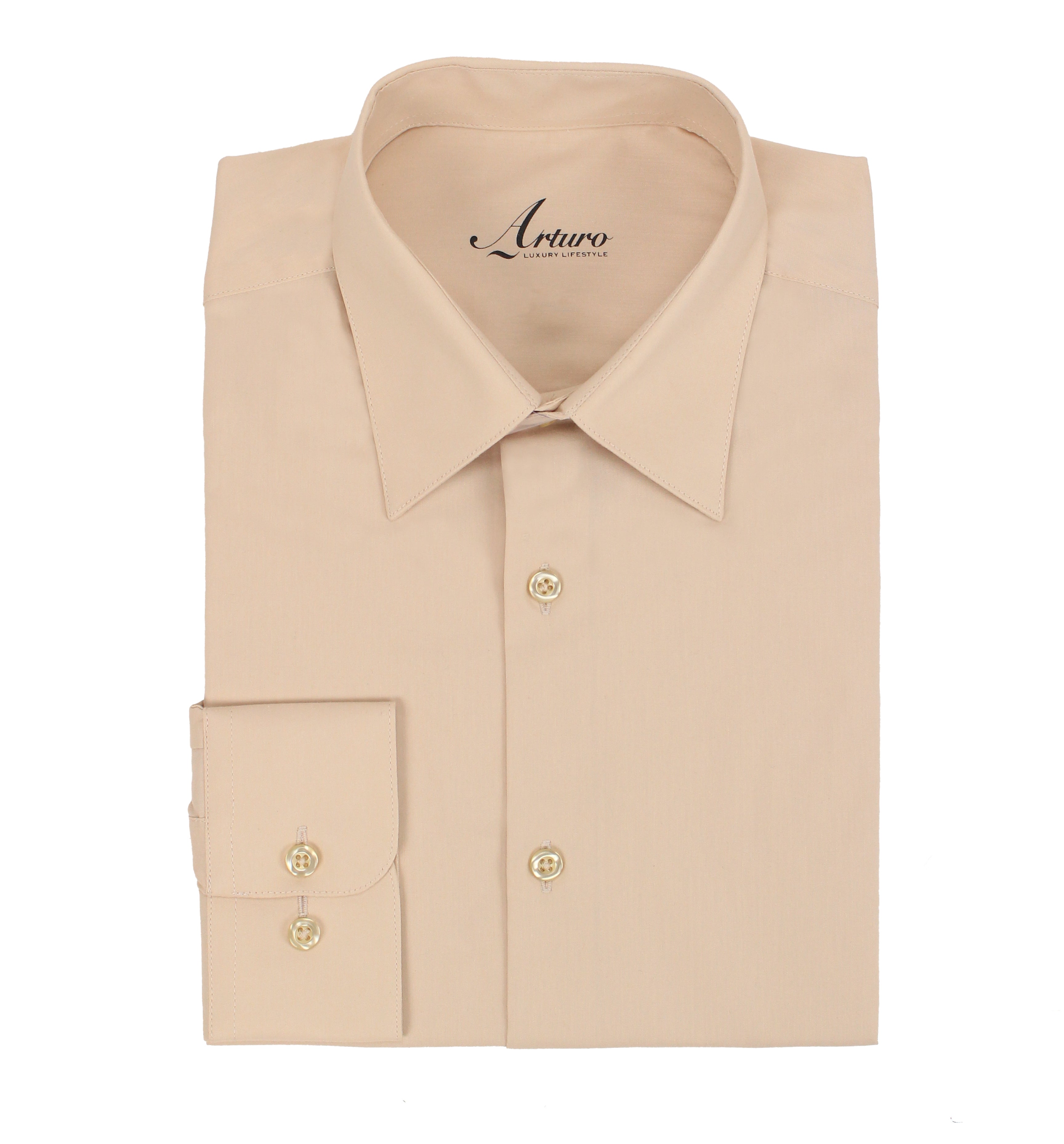 A folded champagne long-sleeve dress shirt with a pointed collar, button-down front, and a single-button cuff, shown on a plain white background. The brand name 'Arturo' is printed inside the collar.