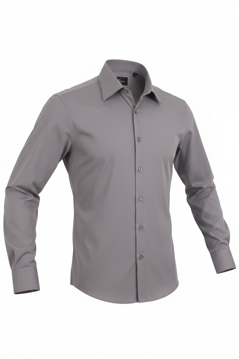 A long-sleeve gray button-down dress shirt with a pointed collar, shown on a plain white background.