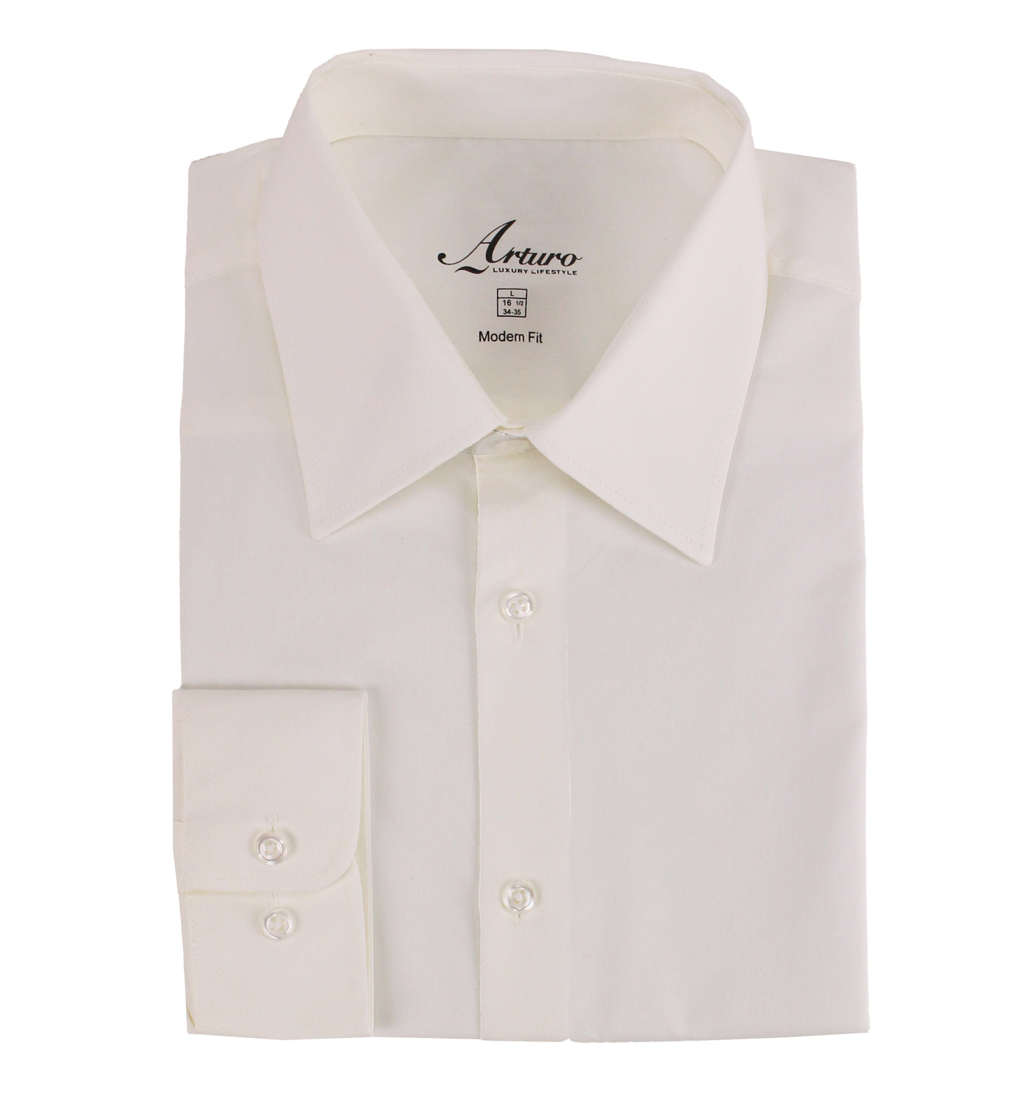 A folded Ivory dress shirt with a pointed collar, button-down front, and a single-button cuff, shown on a plain white background. The brand name 'Arturo' is printed inside the collar.
