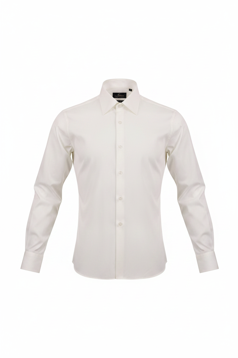 A long-sleeve button-up dress shirt in ivory displayed on a clean white background.