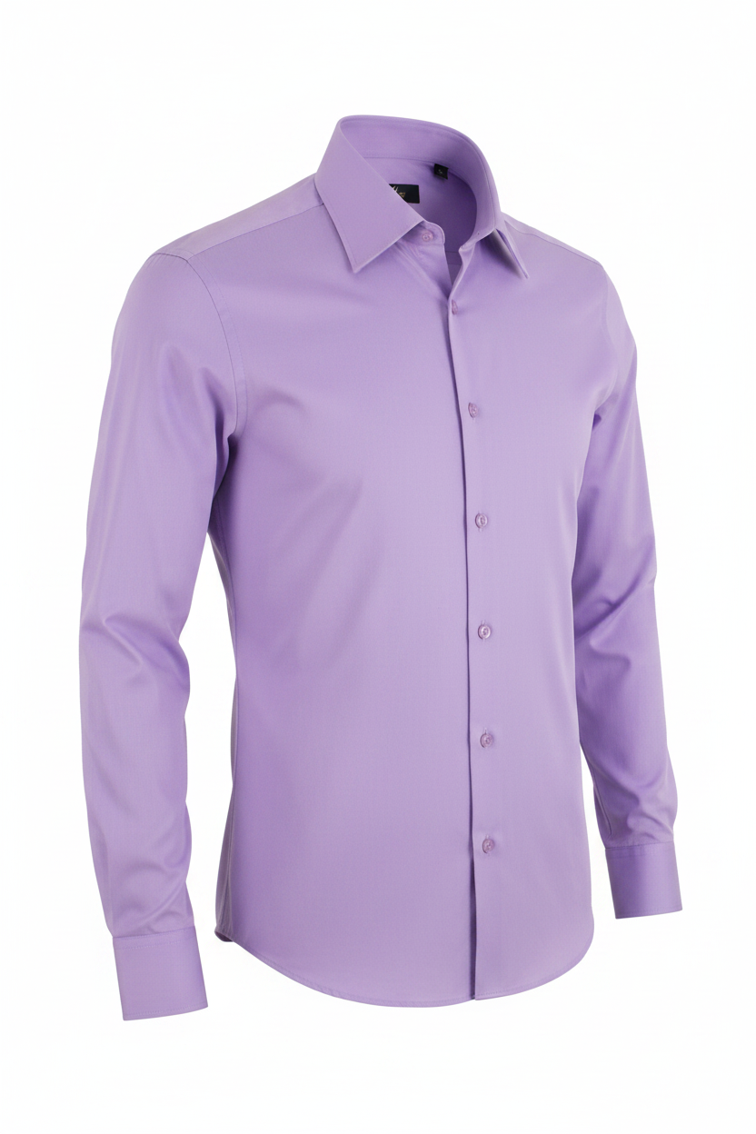 A long-sleeve button-down dress shirt in a solid light purple/lavender color, shown on a plain white background.