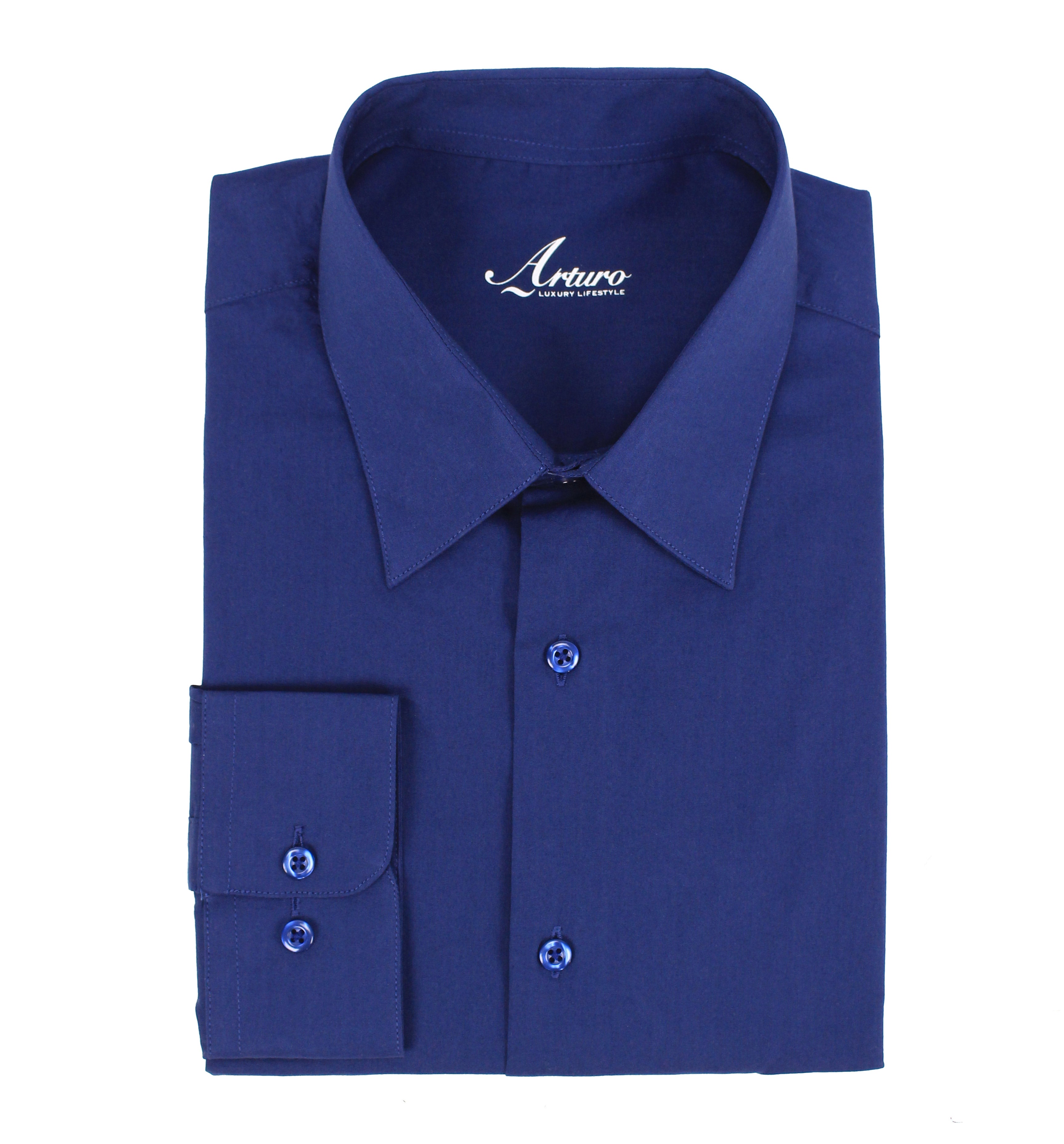 A folded navy blue long-sleeve dress shirt with a pointed collar, button-down front, and a single-button cuff, shown on a plain white background. The brand name 'Arturo' is printed inside the collar.