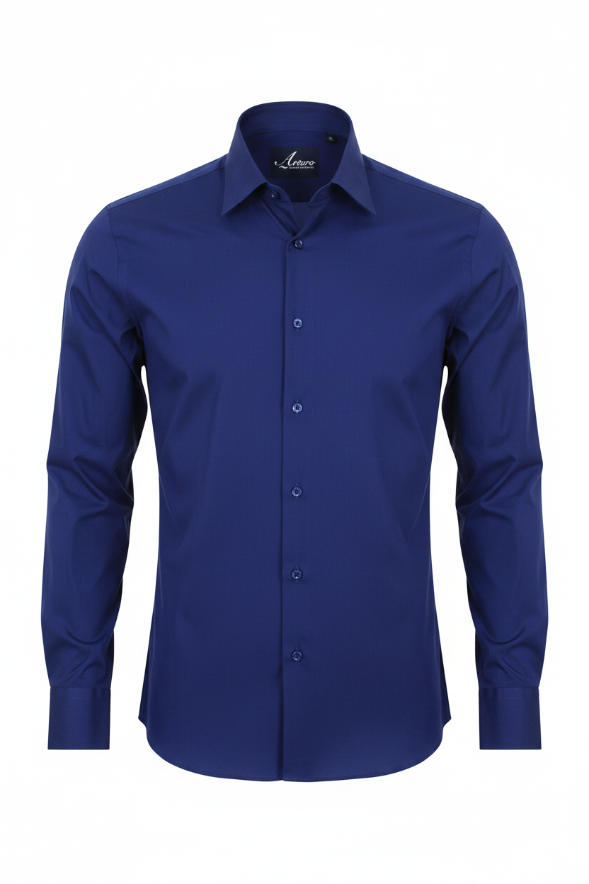 A navy blue long-sleeve button-down dress shirt with a pointed collar, shown on a clean white background.
