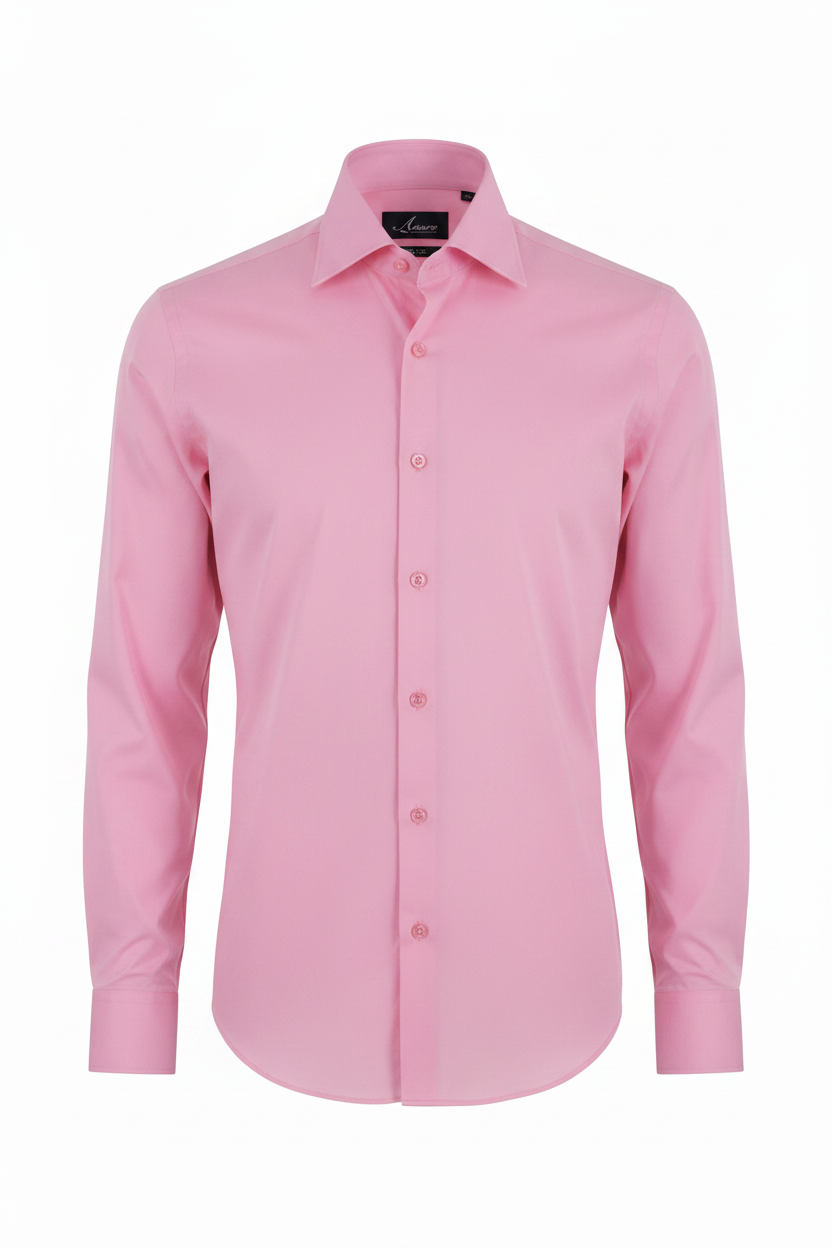 A light pink long-sleeve button-down dress shirt with a pointed collar, shown on a plain white background.