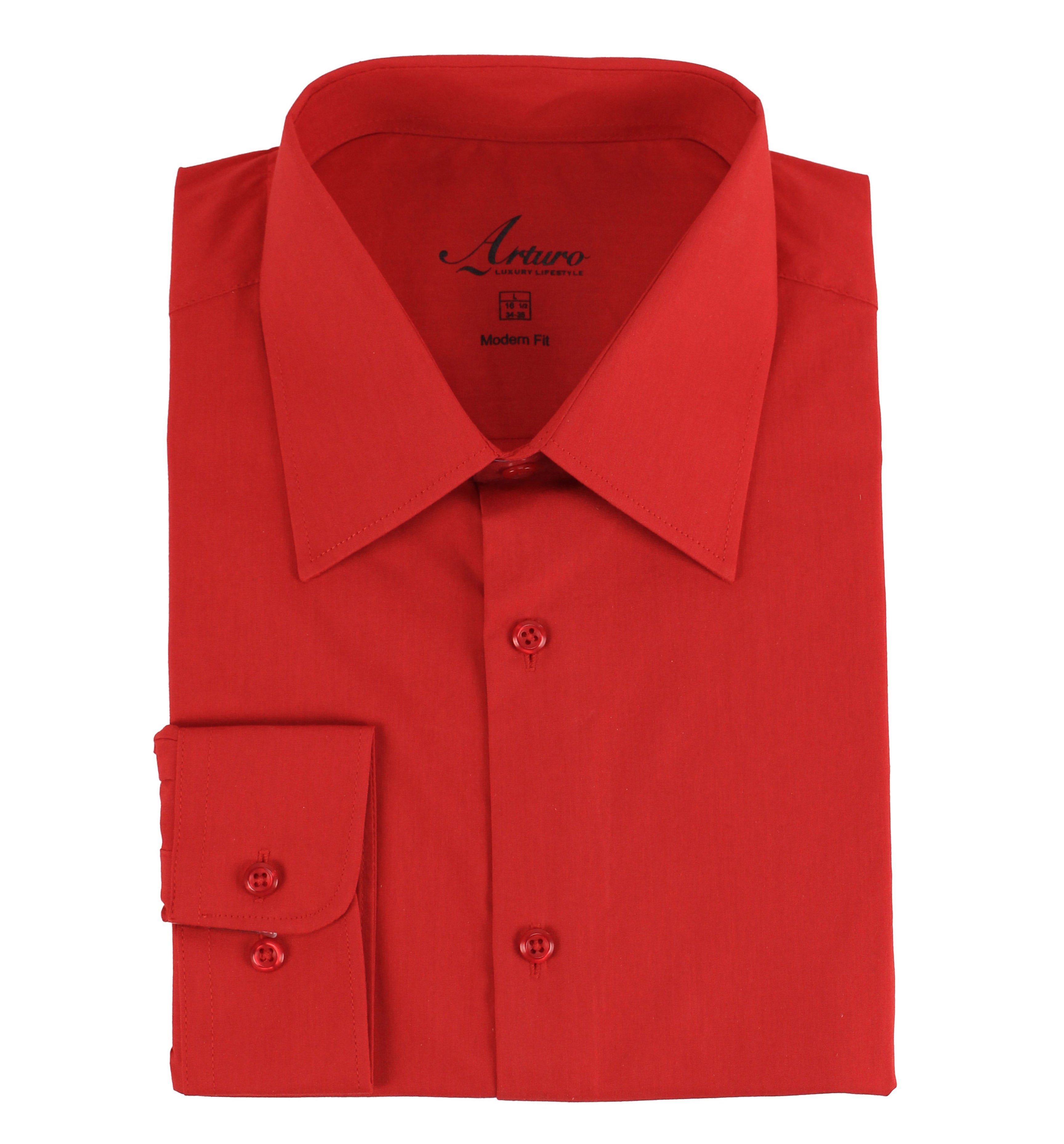 A folded red dress shirt with a pointed collar, button front, and a single-button cuff, shown on a plain white background. The brand name 'Loreto' is printed inside the collar.