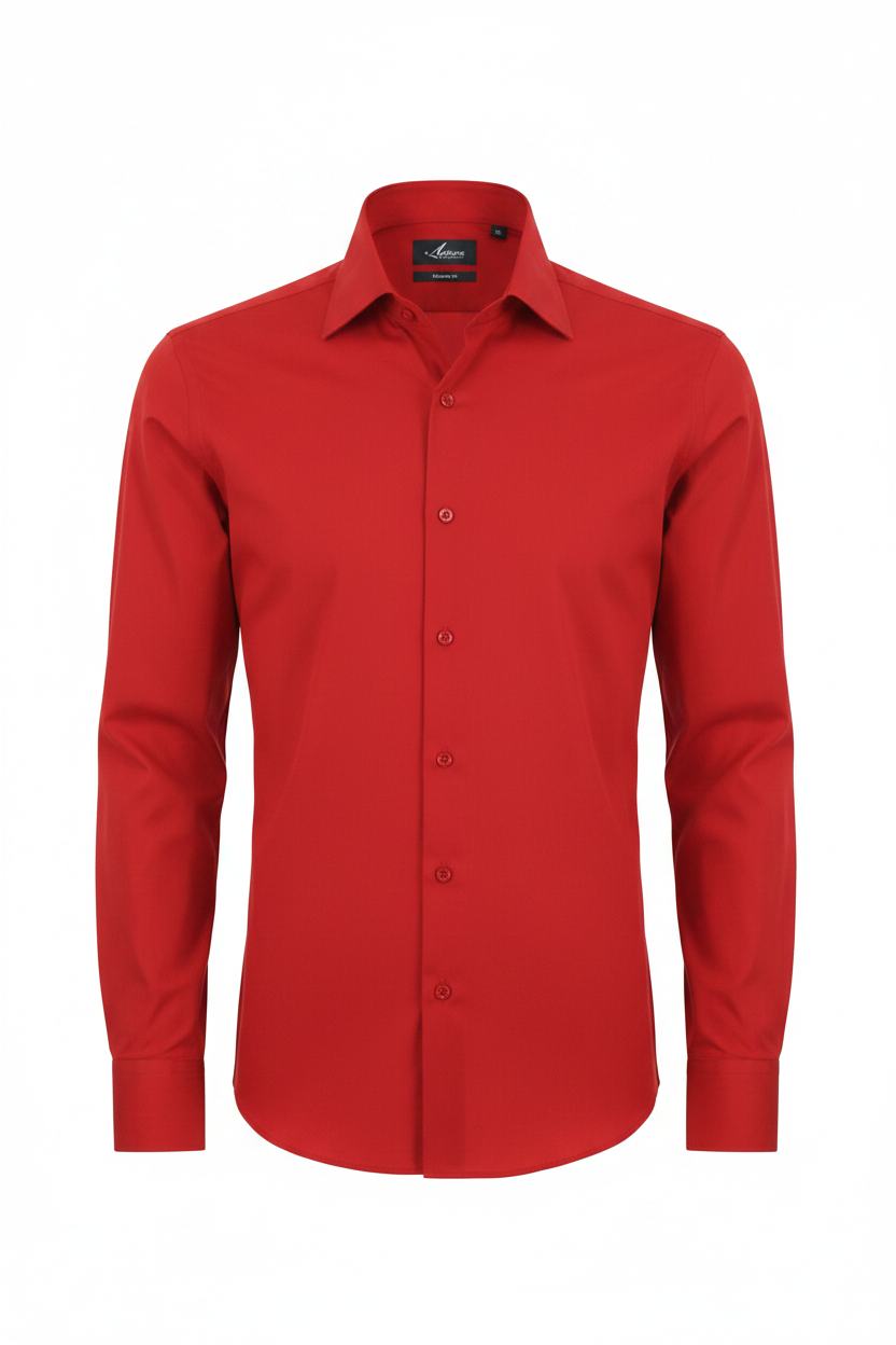 A bright red long-sleeve button-down dress shirt with a pointed collar, shown on a plain white background.