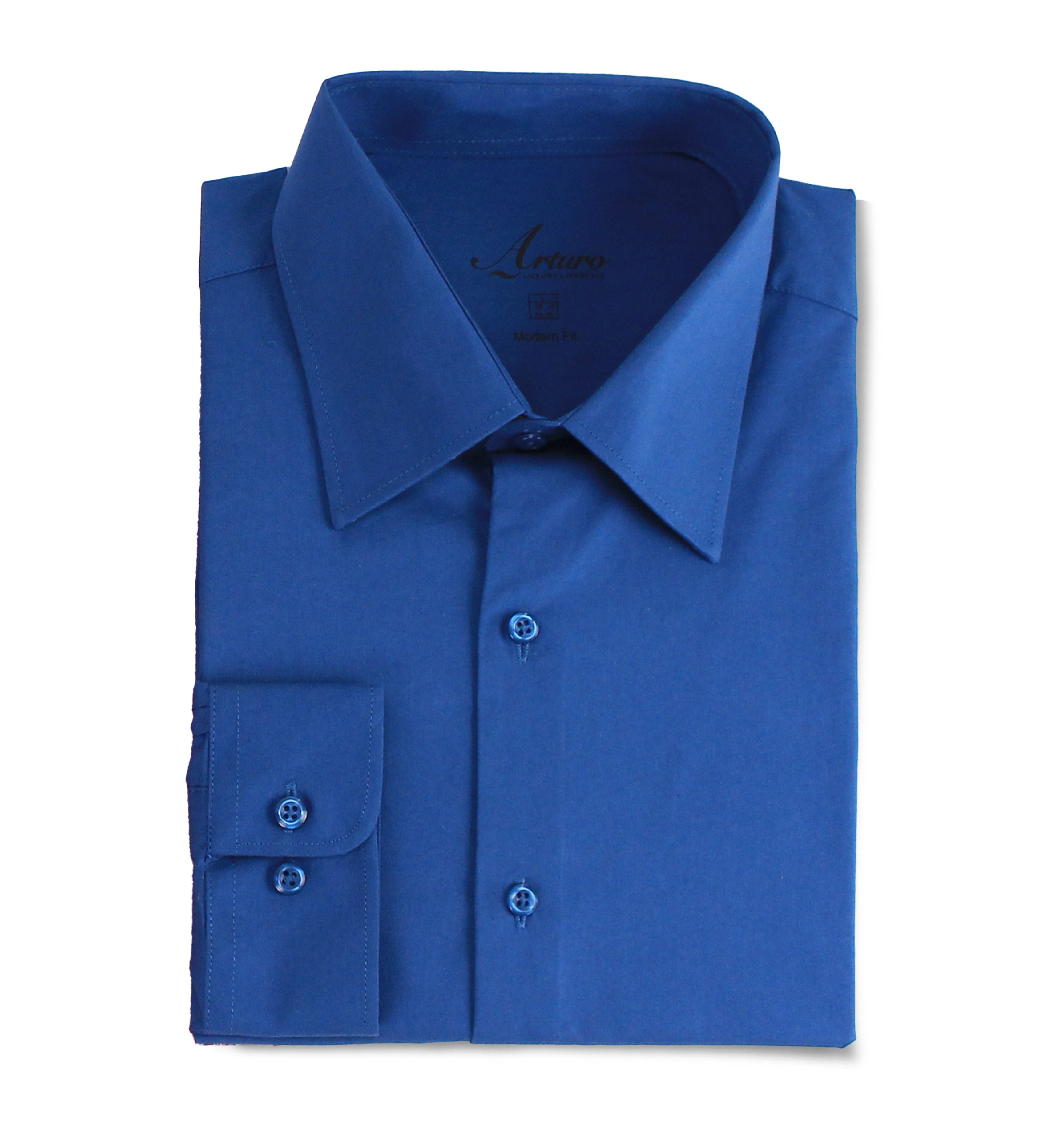 A folded royal blue long-sleeve dress shirt with a pointed collar, button-down front, and a single-button cuff, shown on a plain white background.