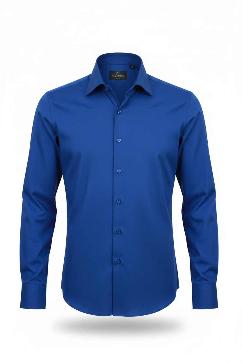 A royal blue long-sleeve dress shirt with a pointed collar, button-down front, and a single-button cuff, shown on a plain white background.