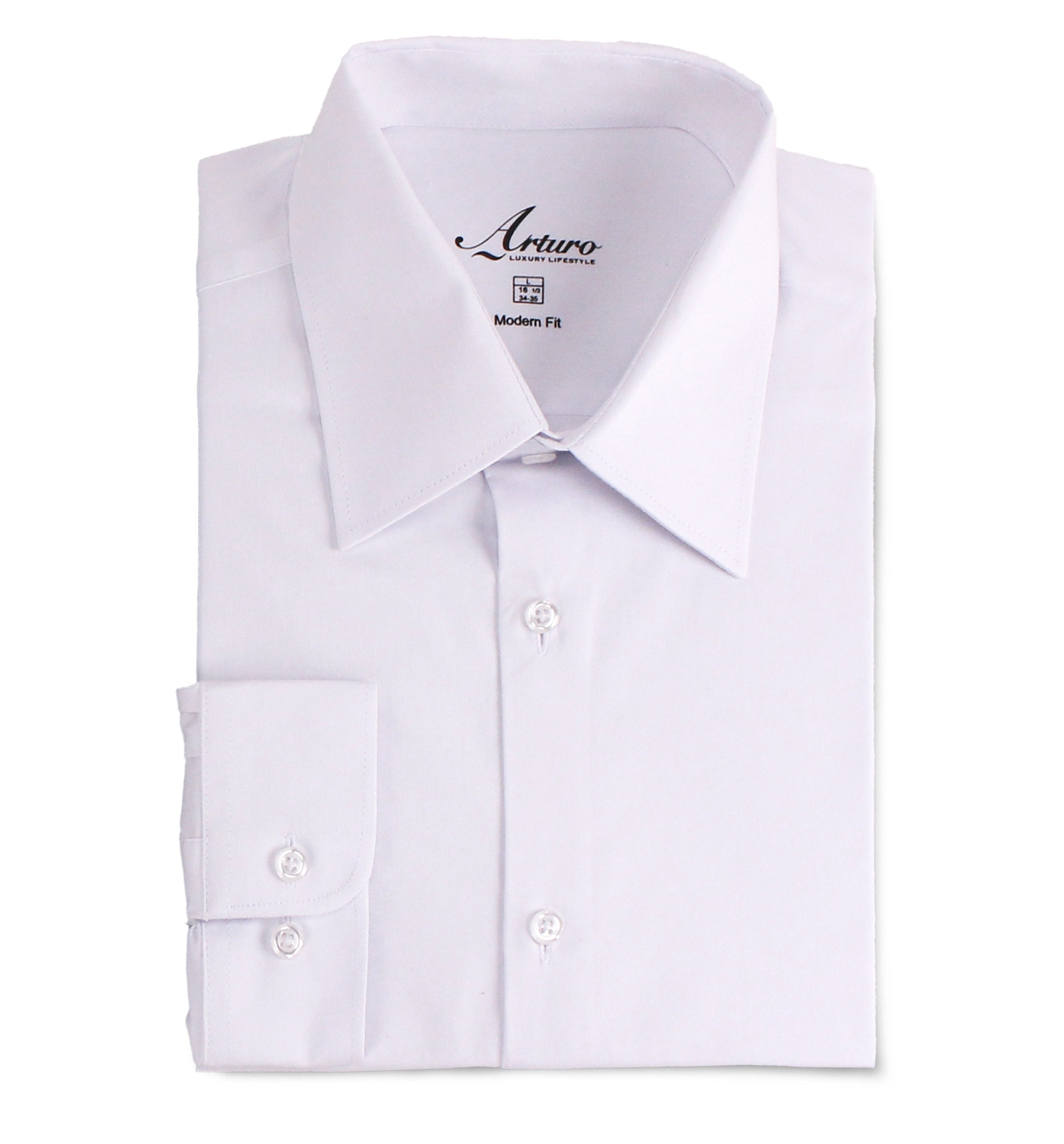 A folded white dress shirt with a pointed collar, button front, and a single-button cuff, shown on a plain white background. The inside collar shows the brand name Arturo.