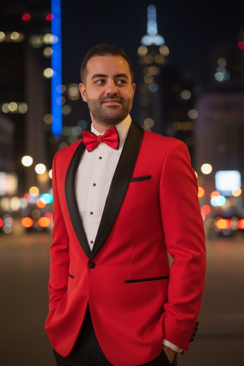 Man in a red tuxedo with a bow tie standing in an urban night setting.