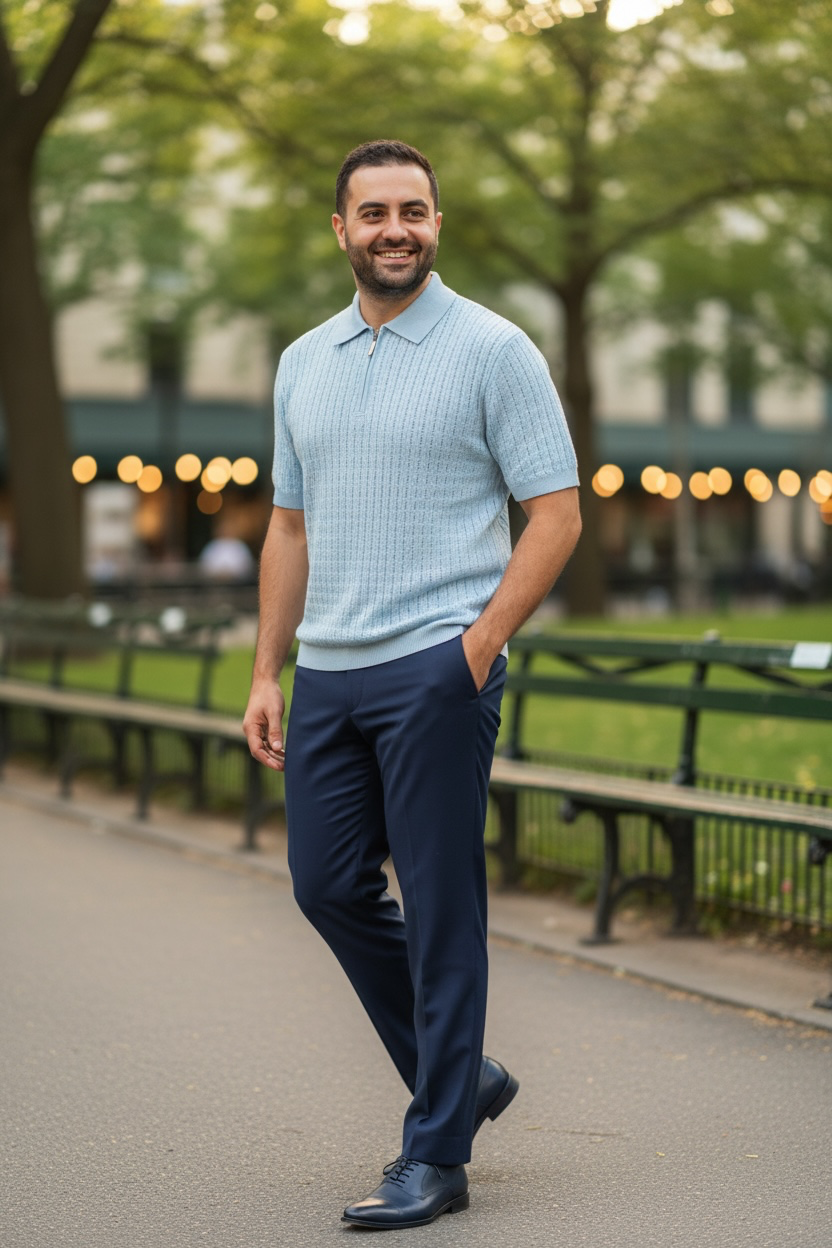 Man in a light blue polo shirt and dark pants standing in a park with benches and trees in the background.
