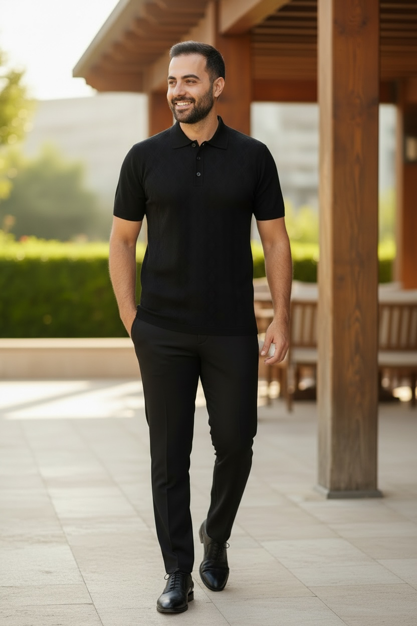 Man in a black outfit walking outdoors on a wooden deck.