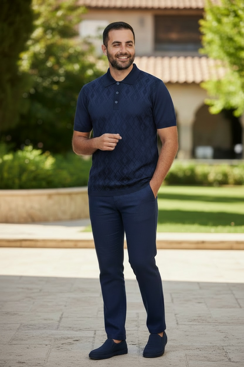 Man wearing a navy blue polo shirt and pants standing outdoors with greenery and a building in the background.