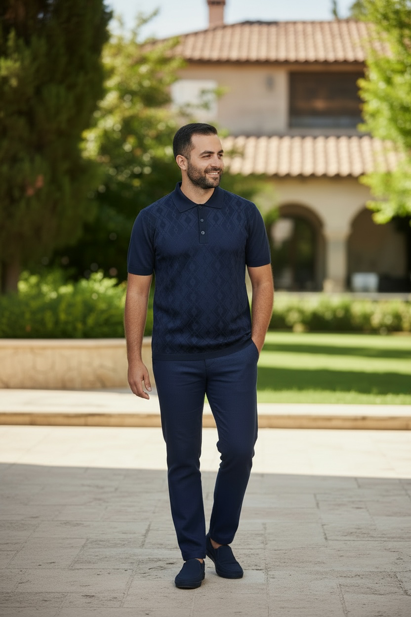 Man wearing a navy polo shirt and pants standing in front of a house with greenery.