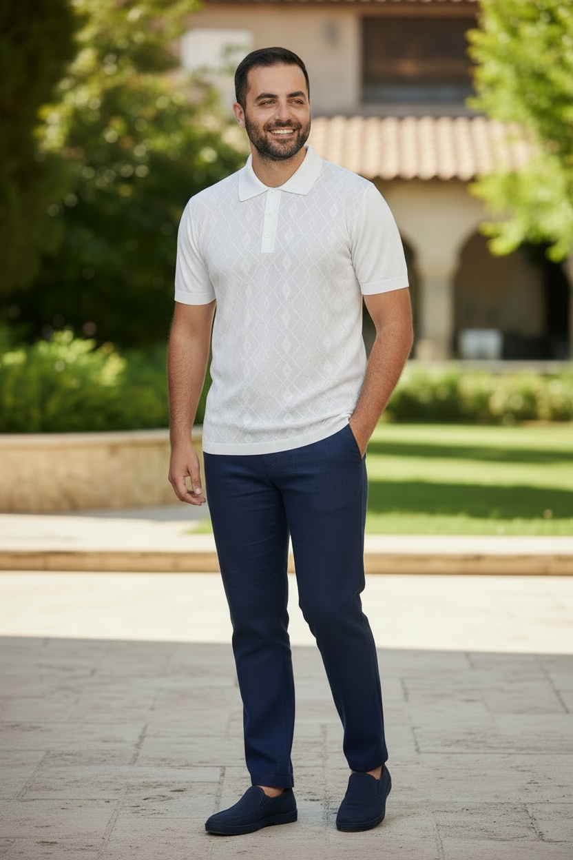 A man wearing a white short-sleeve knit polo shirt with a subtle geometric pattern, navy blue trousers, and navy slip-on shoes, standing outdoors on a stone patio with a blurred garden and building background.