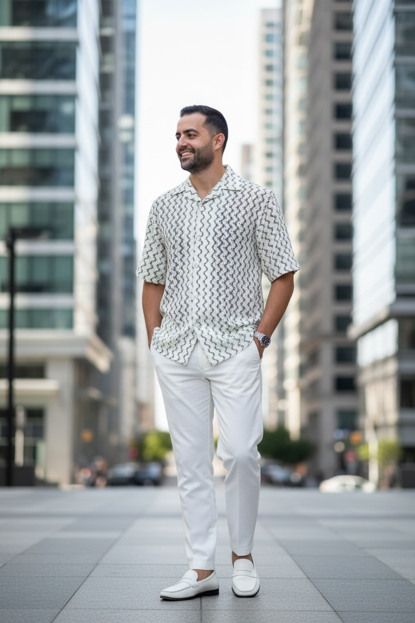 Man in a patterned shirt and white pants standing in an urban setting