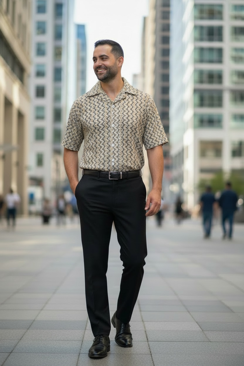 Man walking in a city street wearing a patterned shirt and black pants.