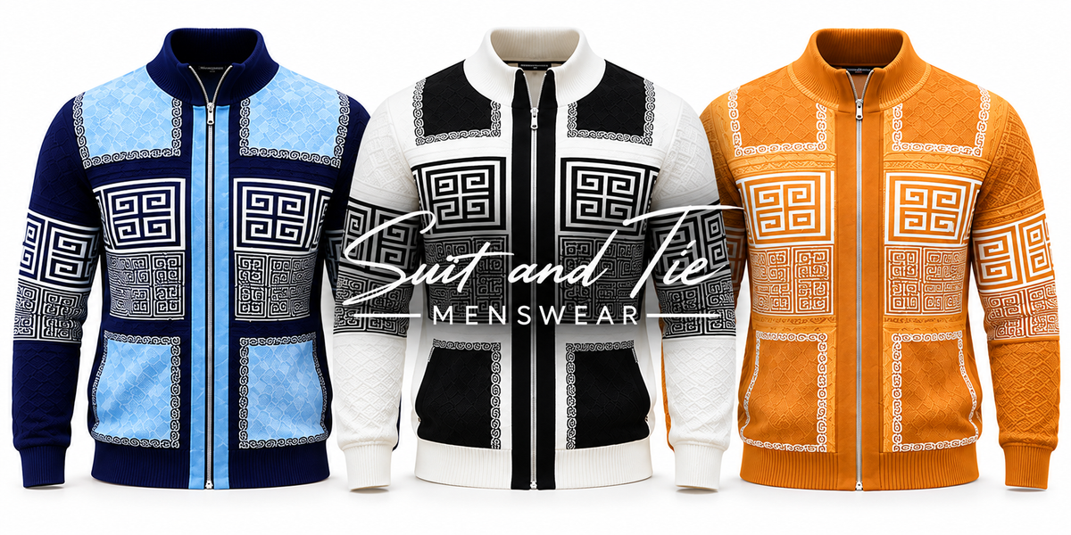 Three men's zip-front jackets shown side by side on a white background, each with a bold geometric patchwork pattern. The left jacket is navy and light blue, the center is white and black, and the right is orange and cream.