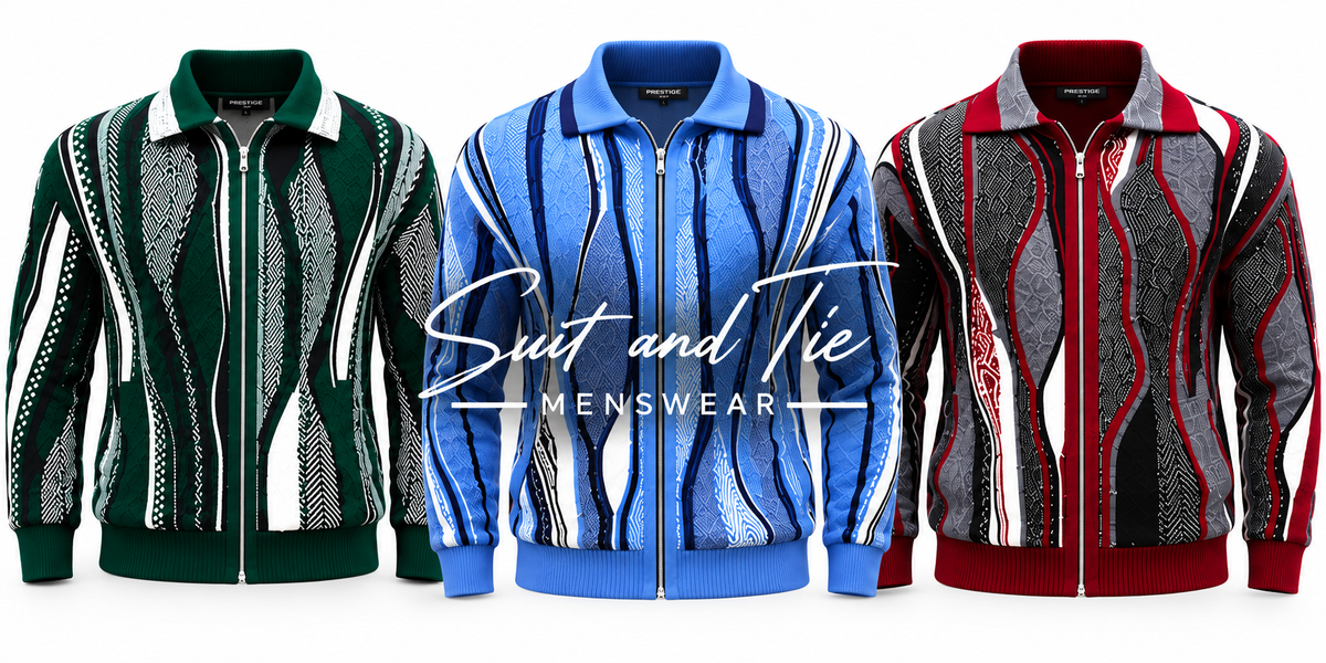 Three men's zip-front jackets with bold wavy vertical knit patterns are shown side by side on a white background. The left jacket is dark green, white, and gray; the center jacket is blue, black, and white; the right jacket is red, gray, and white.