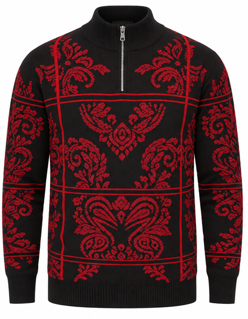 A black knit quarter-zip sweater with a bold red damask pattern, featuring a mock neck, zippered collar, and ribbed cuffs and hem.