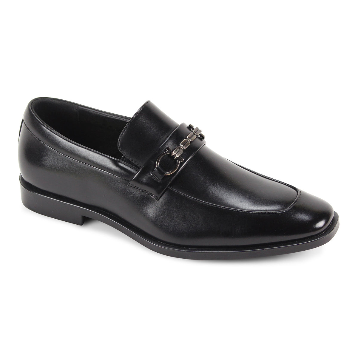 A black leather loafer with a decorative horsebit strap on the vamp, shown from a three-quarters angle on a white background.