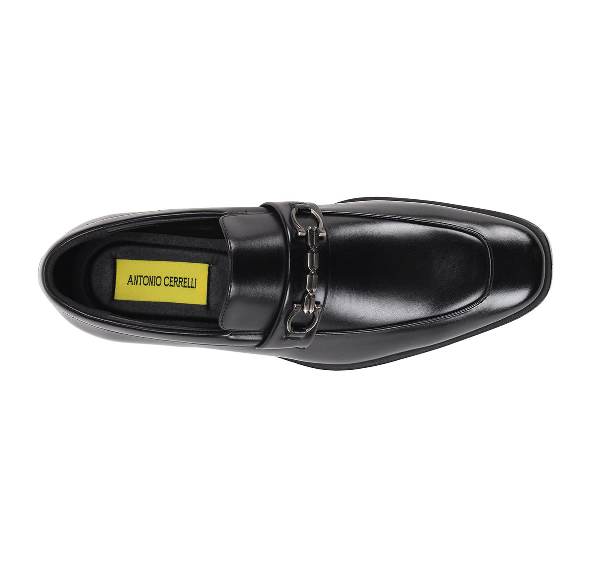 A single black leather loafer by Antonio Cerrelli, shown from a top-down view. The shoe features a polished finish, a decorative metal horsebit detail across the vamp, and a bright yellow brand label visible inside the heel area.