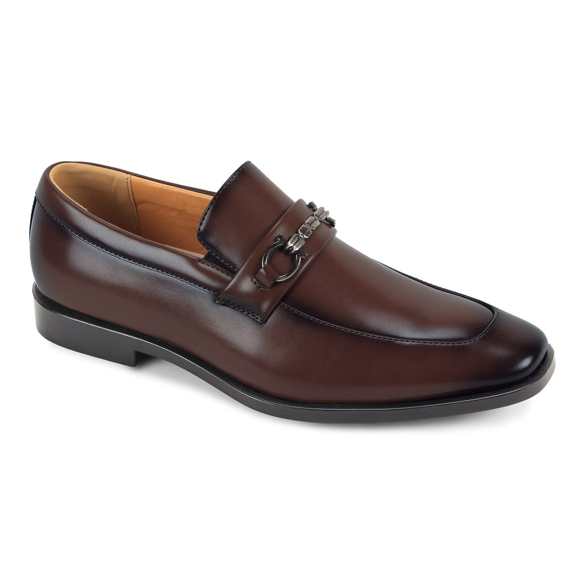 A dark brown leather penny loafer with a decorative metal ring and chain detail across the vamp, shown from a three-quarters angle on a white background.