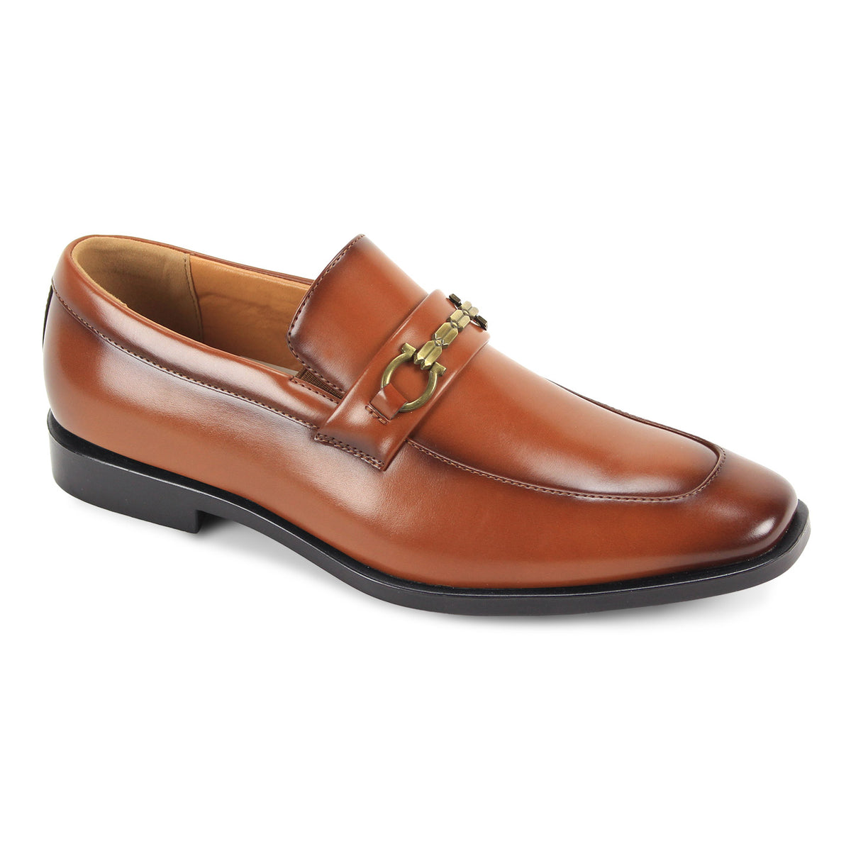 A single brown leather penny loafer with a gold-tone horsebit detail on the strap, shown from a three-quarters angle on a white background.