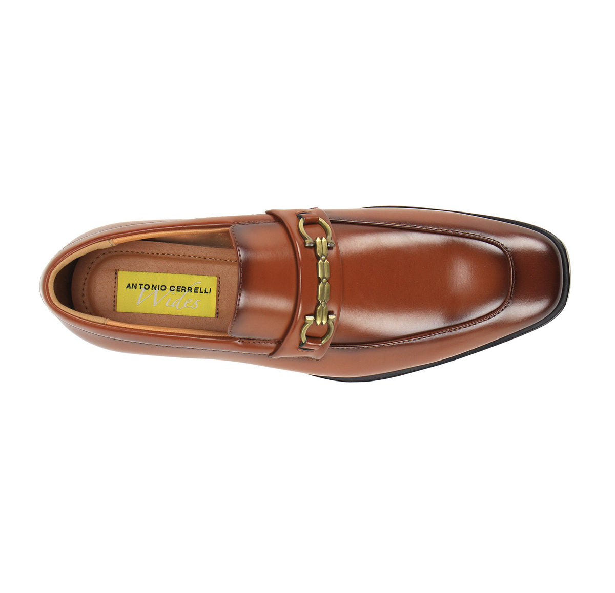A single brown leather loafer with a gold-tone horsebit detail across the vamp, shown from a top-down view on a white background. The brand name 'Antonio Cerbelli' is visible on the yellow insole.