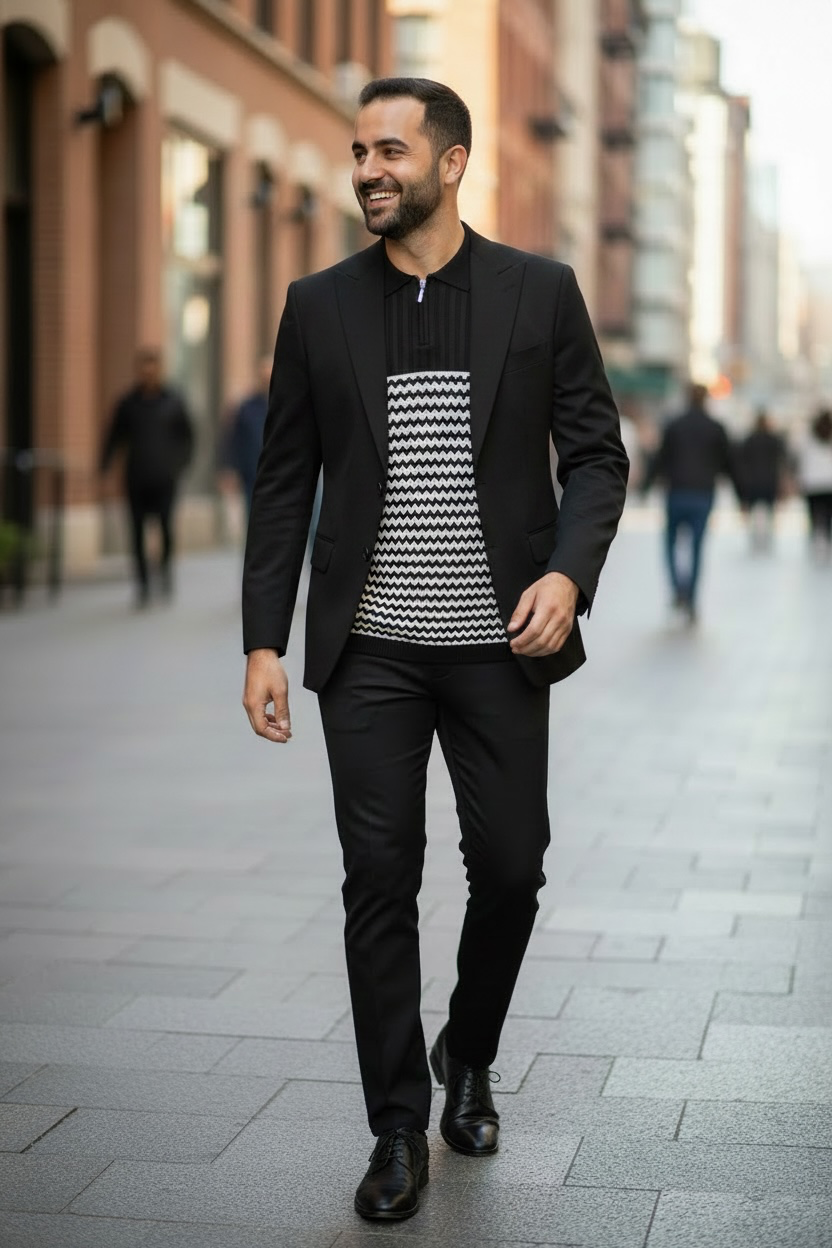 Man in a black suit with a patterned shirt walking on a city street.