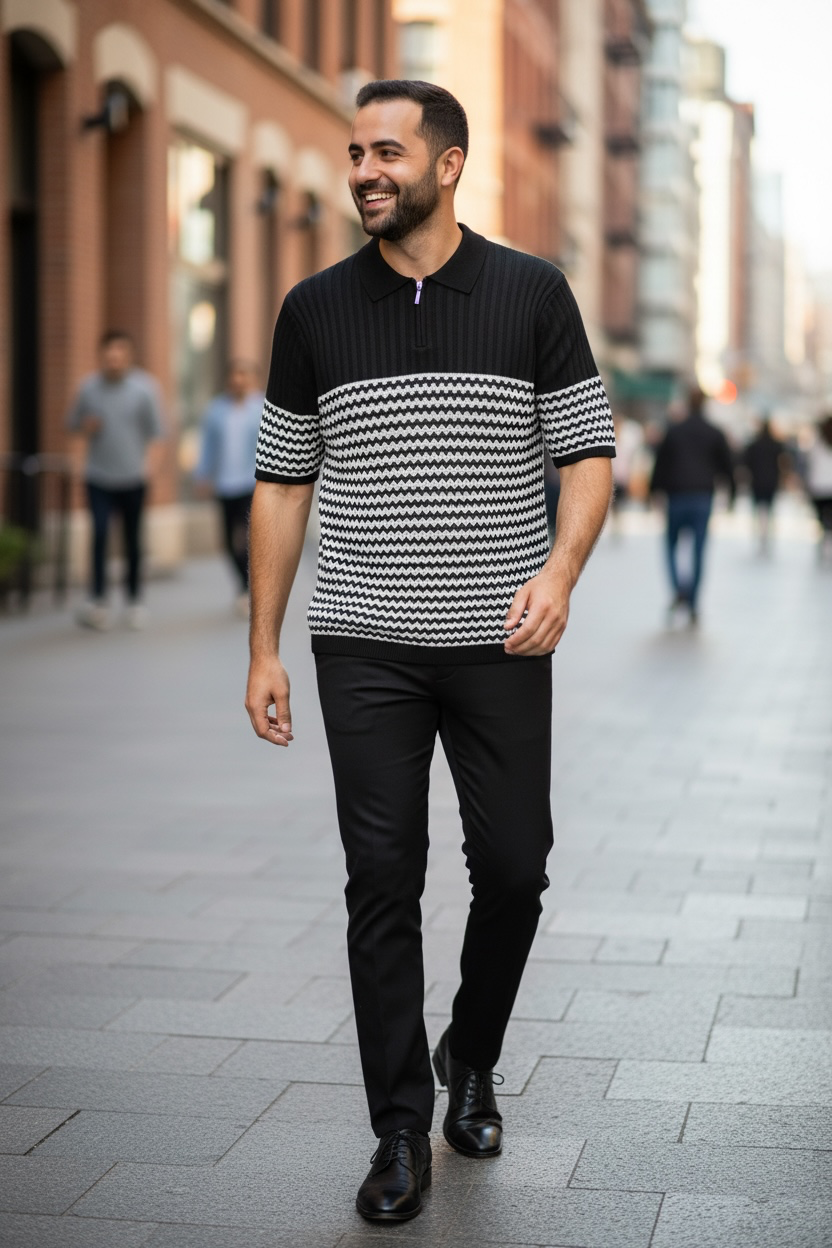 Man walking on a city street wearing a black and white patterned shirt.