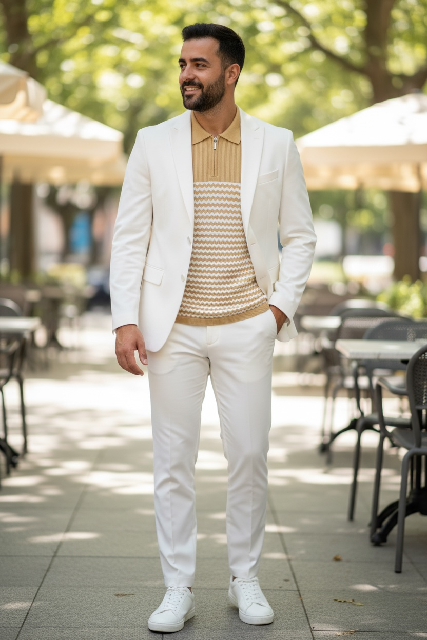 Man in a white suit with a patterned shirt standing outdoors.