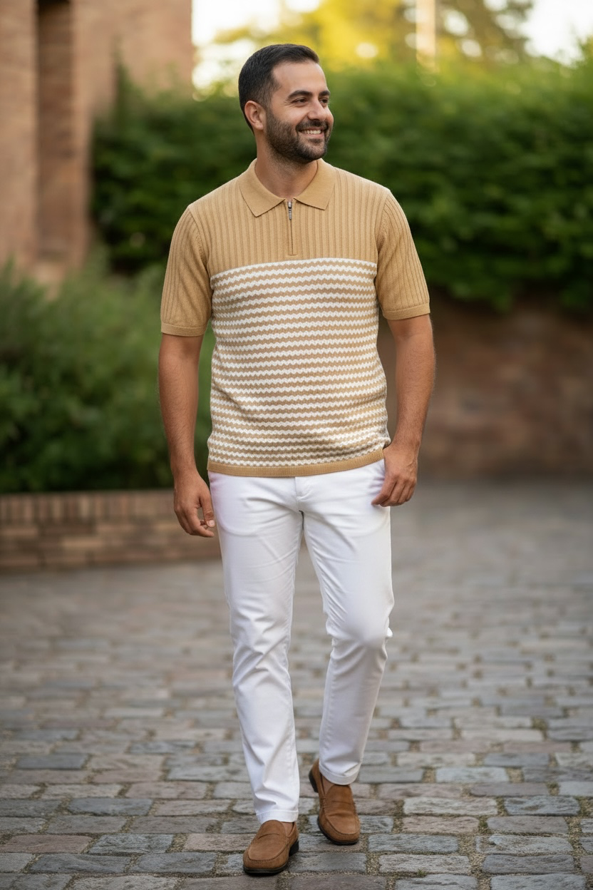 Man wearing a beige and white striped polo shirt and white pants standing on a brick path with greenery in the background.