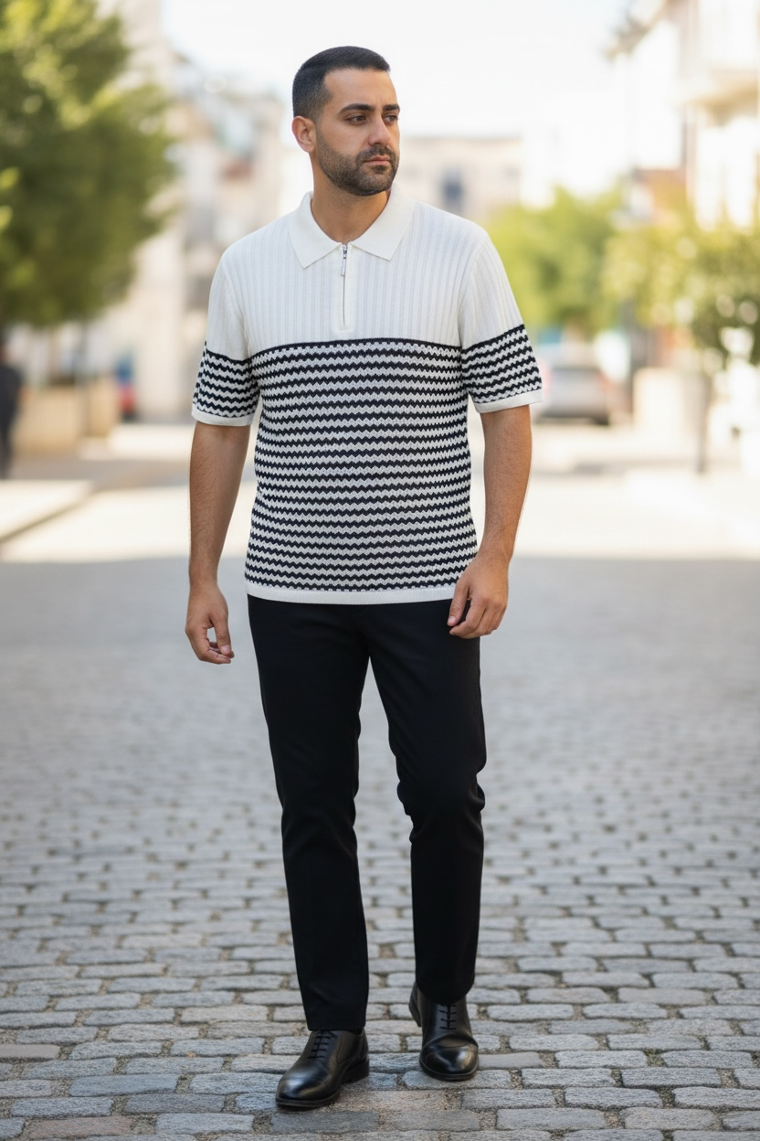 Man wearing a black and white patterned shirt with black pants on a street.