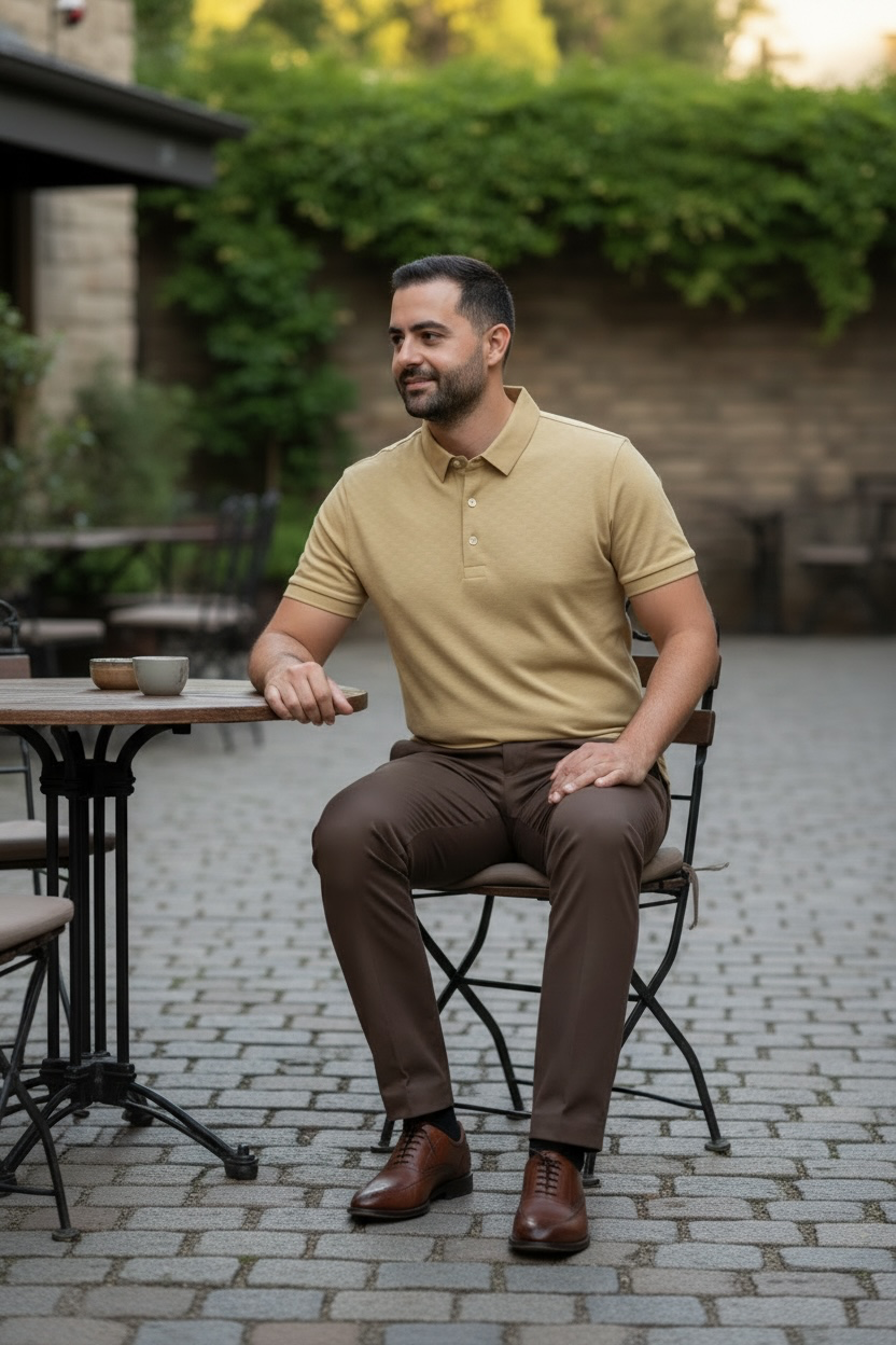 Man sitting at an outdoor table wearing a beige polo shirt and brown pants.