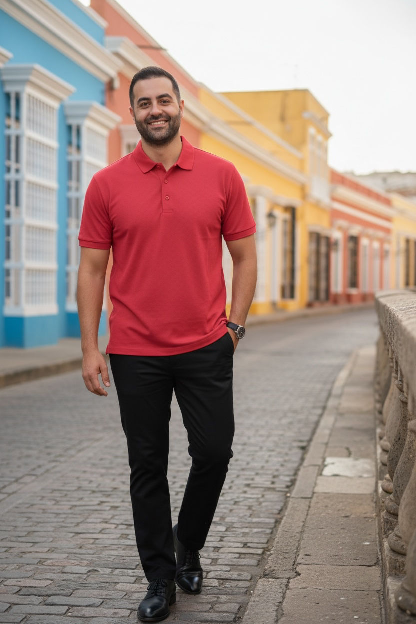 Man in a red polo shirt walking on a street with colorful buildings in the background