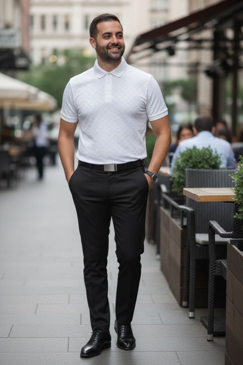 Man in a white shirt and black pants standing on a sidewalk with outdoor seating in the background