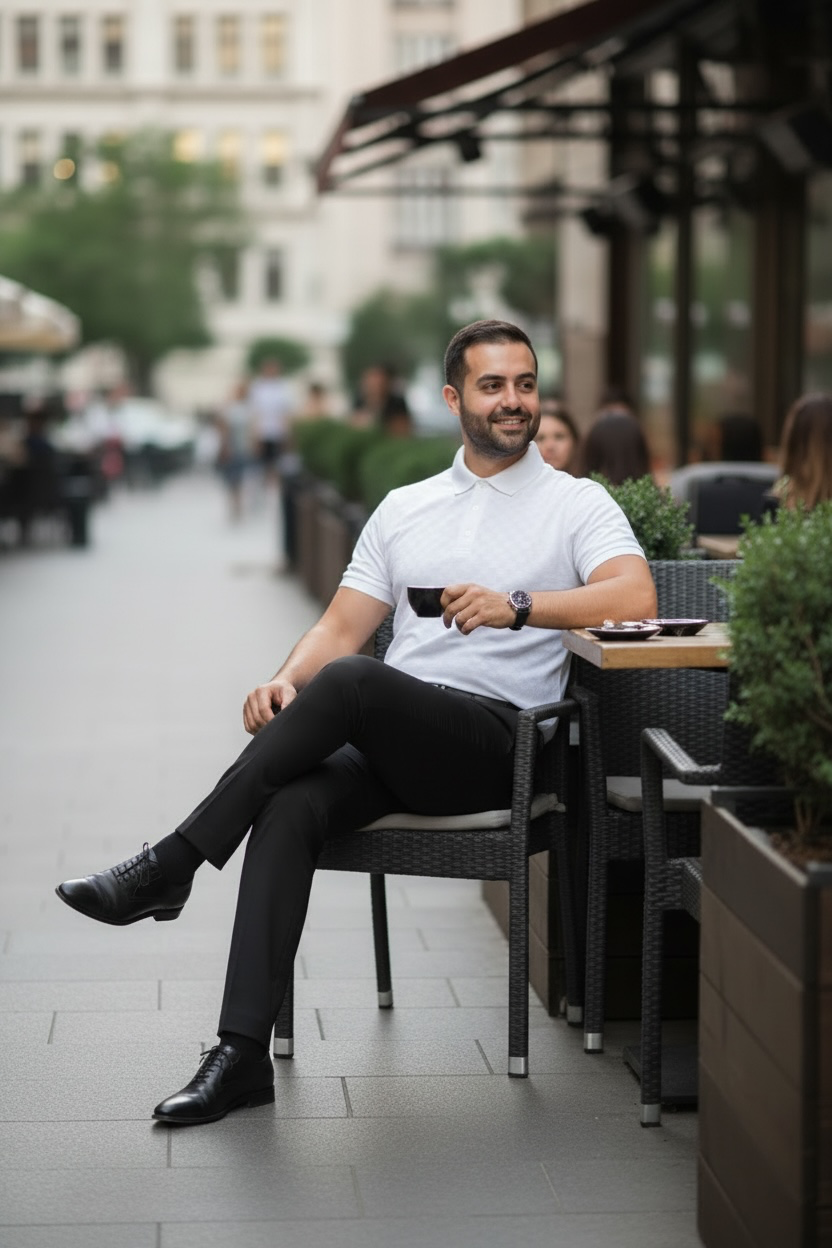 Man sitting at an outdoor cafe table in an urban setting