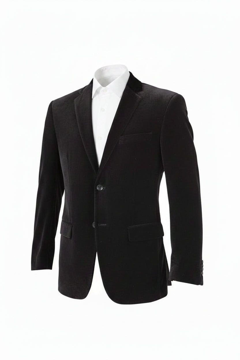 A black velvet blazer jacket displayed on a black mannequin torso, layered over a white t-shirt and gray jeans against a plain white background.