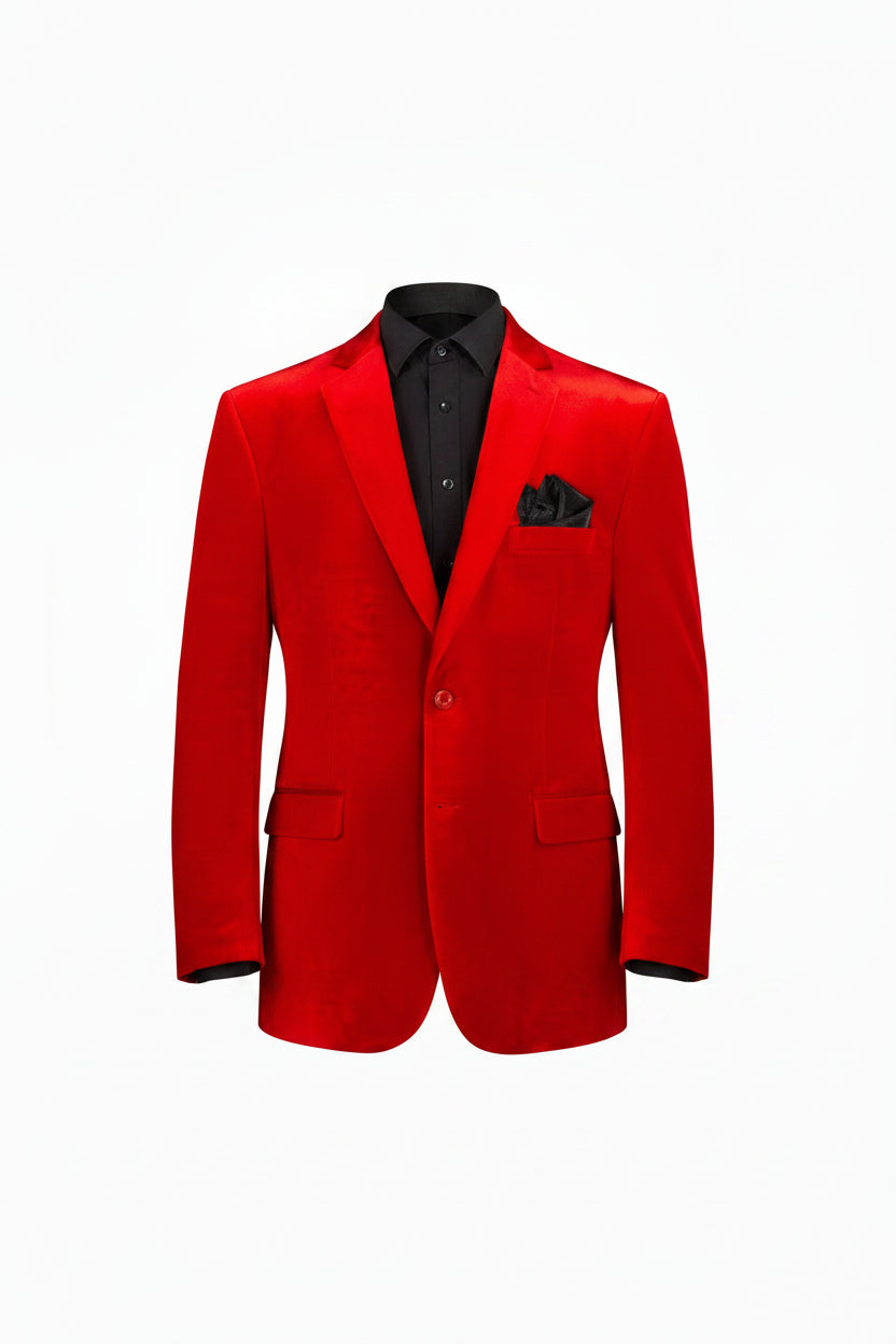 A bright red velvet blazer displayed on a black mannequin torso, styled with a black dress shirt, a coral-red bow tie, and black trousers against a plain white background.