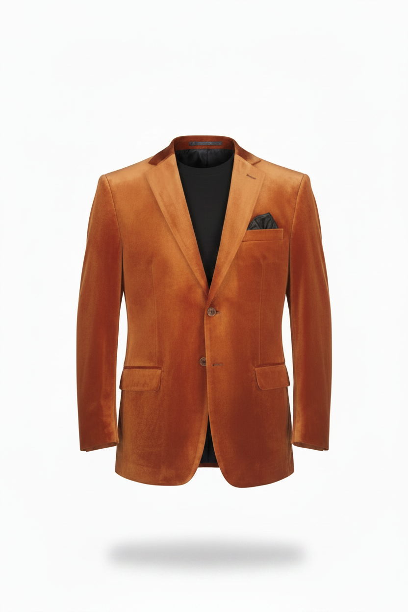 A men's rust-orange velvet blazer jacket displayed on a black mannequin torso, styled with a blue dress shirt, black bow tie, and black pocket square. The word 'Rust' is printed on the upper left chest area.