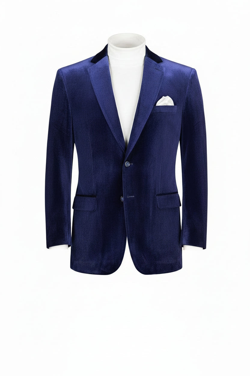 Blue velvet suit jacket with a white shirt and black pants on a mannequin against a white background