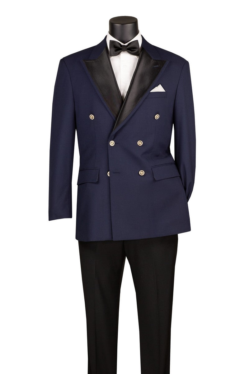 Navy blue tuxedo with black lapels on a mannequin against a white background