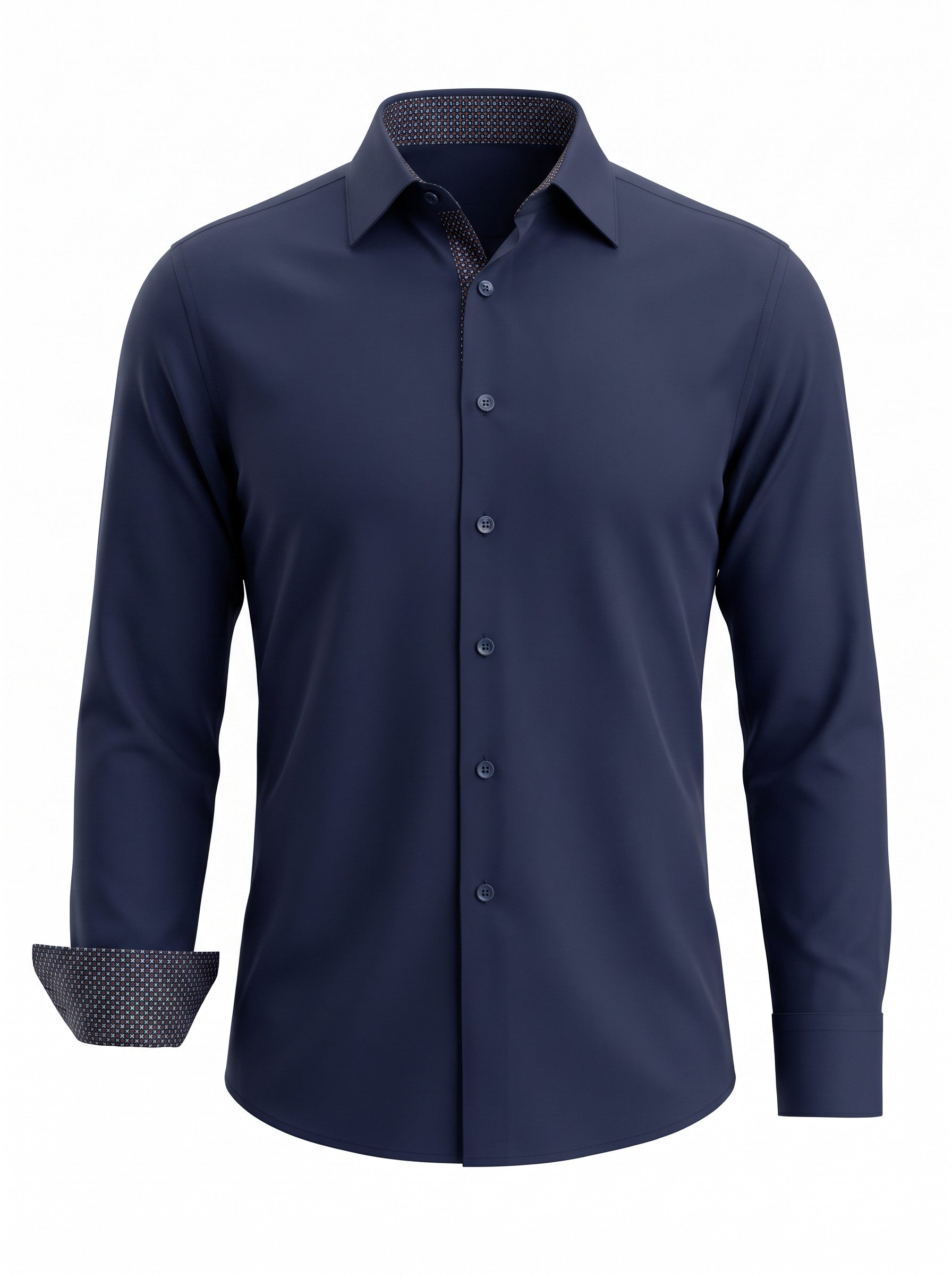A men's long-sleeve button-down dress shirt in navy blue, featuring a subtle textured pattern on the inner collar and cuffs, displayed on a clean white background.